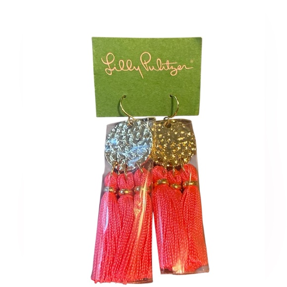 Lilly Pulitzer Jewelry - NWT Lilly Pulitzer Pink Gold Tone Hammered Disk Earrings Fringe Tassel